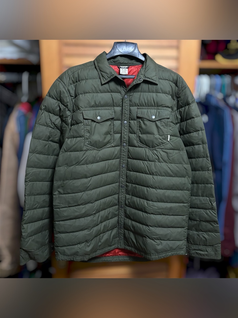 Rab Downtime Shirt Jacket Down Puffer Quilted Coat Snap Green Outdoor Mens XXL
